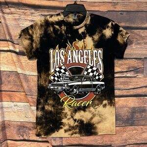 LA Racer Tie Dye Small SS T-Shirt Muscle Car Flames Racing Flags Grunge Y2K